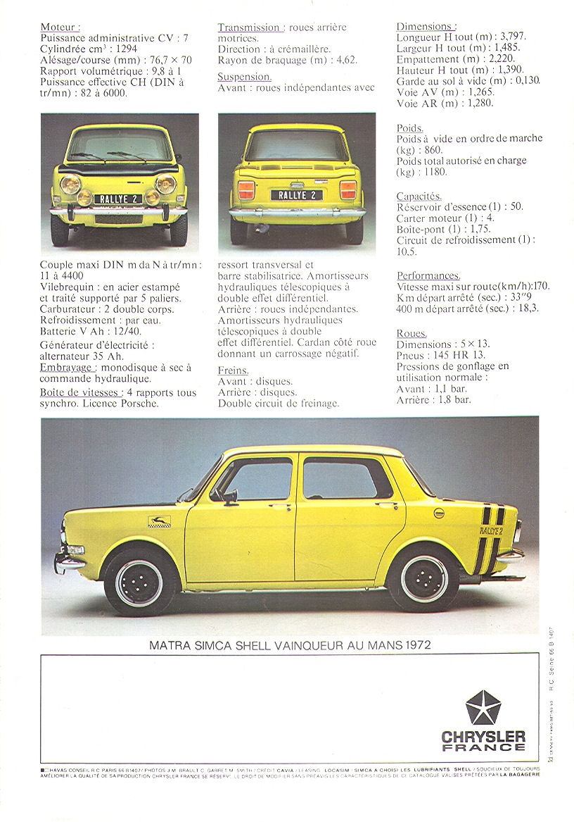 Simca 1000 Rallye 2 Caractéristiques Techniques Echoretro